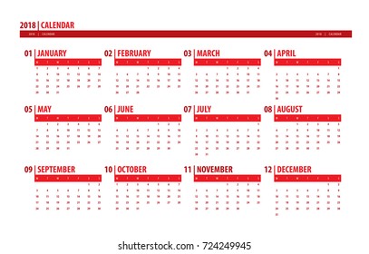Red vector calendar template for 2018 year grid design isolated on white background. English language. Week starts monday. Holidays are not marked. Set of 12 Months