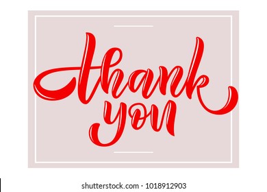 Red vector calligraphy text "Thank you" on gray background with frame as Lettering typography for Homepage, email marketing, info, Message, Article, feminine clothes, fashion shopping, package, movie