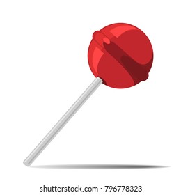 Red vector candy on stick with shadow. Nice delicious lolipop with watermelon or cherry taste.