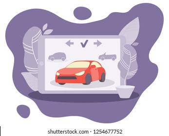 Red vector car for rent on the website. Car rental webpage on the tablet and decorative trees around it. Abstract purple background. 