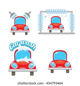 red vector Car wash icons set isolated on white. vector car wash sticker collection. vector car wash logo template. washing car label
