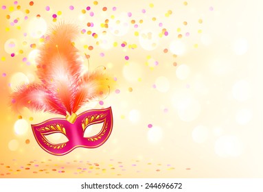 Red vector carnival mask with feathers on bokeh lights and confetti background