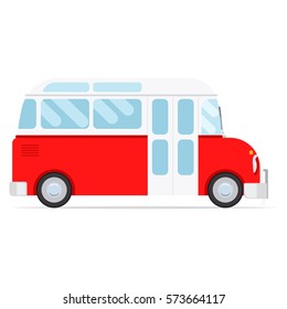 Red vector cartoon bus, isolated on white background