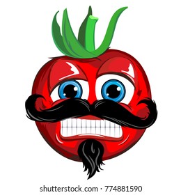 Red vector cartoon tomato with blue eyes and mustache