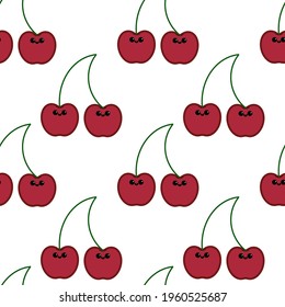 red vector cherry with smile and eyes. seamless print for print or fabric. fruits on white background