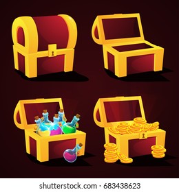 Red vector chest with gold coins, empty, closed and with a potion.