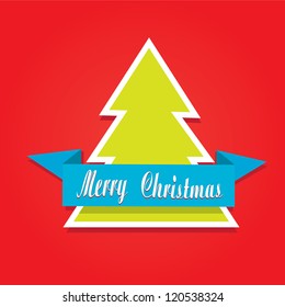 red vector christmas background. cut paper design. vector christmas tree with ribbon. xmas card.