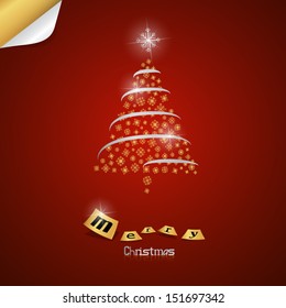 Red Vector Christmas Background With Gold and Silver Tree 