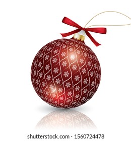 Red vector Christmas tree ornaments with decorations in white with red ribbon bow.