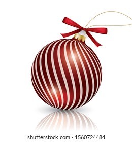 Red vector Christmas tree ornaments with decorations in white with red ribbon bow.