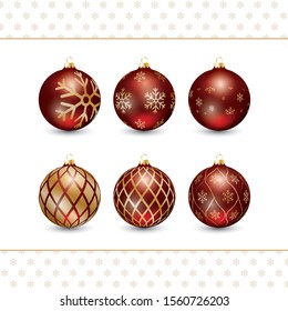 Red vector Christmas tree ornaments with decorations in gold. With snow flake patterns.