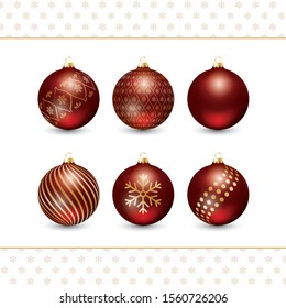 Red vector Christmas tree ornaments with decorations in gold. With snow flake patterns.