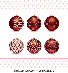 Red vector Christmas tree ornaments with decorations in white. With snow flake patterns.