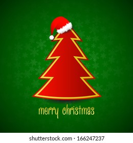 Red vector christmas tree with red santa hat on green snowflake background