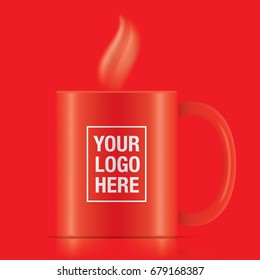 Red vector coffee mug template isolated on a background. Steam coming up from a red vector coffee mug.