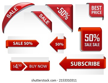 Red vector collection of corners, titles, arrows for promotion and sale.  