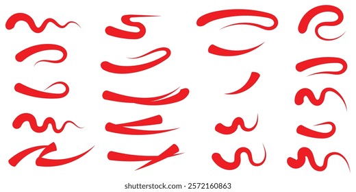 Red vector collection of various underlines, strike throughs, ovals and crossed lines. Childish style doodle lines, sketch elements for hand drawn diagrams and school templates. Rough scribbles. Eps10