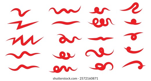 Red vector collection of various underlines, strike throughs, ovals and crossed lines. Childish style doodle lines, sketch elements for hand drawn diagrams and school templates. Rough scribbles. Eps10