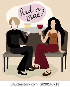 Red or white? Vector concept in flat style. Warm muted colors, pastel beige background. Two women drinking wine. What kind of wine do you choose, red or white