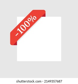 Red Vector corner Ribbon on white background. Discount 100%