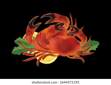 Red vector crabs, arugula and lemons isolated on black background. Composition for seafood restaurant