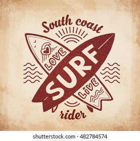Red vector crossing surfing boards stamp with hand drawn sign Love, Live, SURF on vintage background