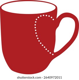 red vector cup with white polka dots heart, red mug illustration isolated on transparent background with copy space for text	