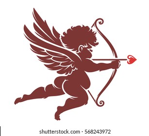Red Vector Cupid silhouette isolated on white. Decorative design element. 