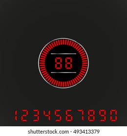 Red Vector Digital Timer With Numerals. Circle Timer With Digits. Countdown. Red Digital Timer With Electronic Numerals. Red Digital Timer With Numerals. Red Digital Timer Red Timer With Metal Circuit