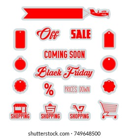 Red Vector Discount Tags, Shopping Icons, Supermarket Trolley, Airplane Banner Isolated on White Background. Black Friday Sale Emblems.