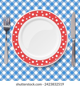 Red vector dish with pattern of chaotic white pattern placed on blue check classic table cloth