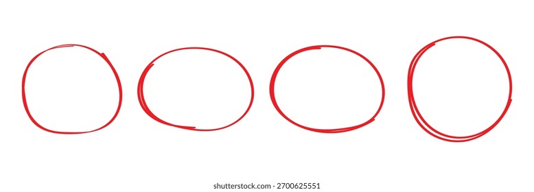 Red Vector doodle frame  . Red round rough thin frames. Round freehand shapes, emphasis highlights. Vector ink illustration. Rough crayon circles . eps 10