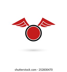 Red vector emblem with circle and two wings. Isolated on white background. Vector illustration, eps 10.