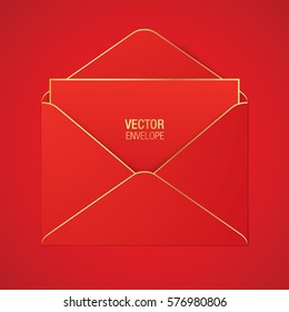 Red vector envelope template with golden elements, lying on a red background. Realistic envelope mockup.