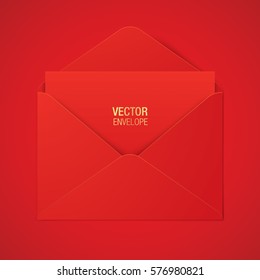 Red vector envelope template, lying on a red background. Realistic envelope mockup.