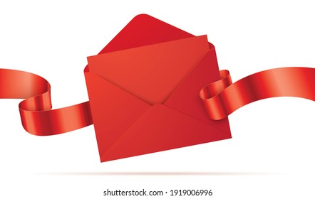 Red vector envelope template. Opened envelope with the letter, and waving ribbon. Realistic envelope mockup with celebration, greeting, or invitation card, isolated on a white background.