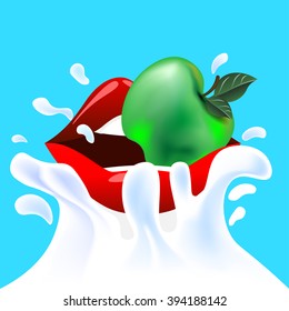 Red vector female lips with green fresh tasty apple falling in white milk yoghurt splash on blue background of vitamine fruit