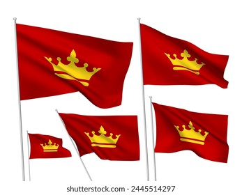 Red vector flags with crown symbol. A set of wavy 3D flags with flagpoles isolated on white background, created using gradient meshes