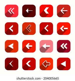 Red Vector Flat Design Arrows Set in Rounded Squares