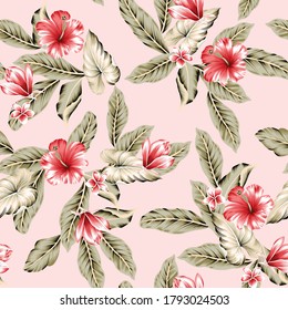 red vector flowers with green leaves pattern on pink background