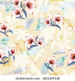 red vector flowers pattern on texture halftone yellow background