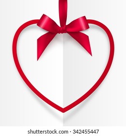 Red vector frame hanging on silky ribbon with bow, Valentines day card template