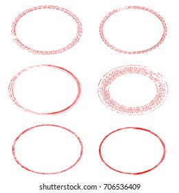 Red Vector Frames. circle for image. distress texture . Grunge oval borders isolated on the  background . Dirt effect . Round shapes for your design