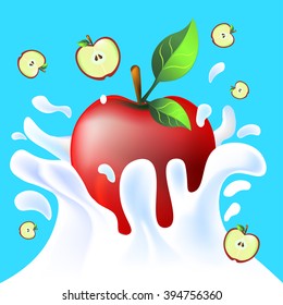Red vector fresh tasty apple falling in white milk yoghurt splash on blue background of vitamine fruit