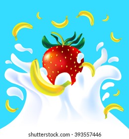 Red vector fresh tasty strawberry and yellow banana falling in white milk yoghurt splash on blue background of vitamine fruit berry