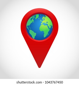 Red vector geolocation sign with a globe.  location map pointer. 