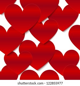 Red vector glossy paper hearts at white background seamless pattern