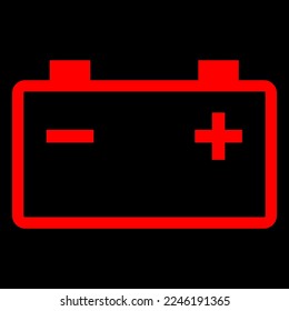 Red vector graphic on a black background of a dashboard warning light for a problem with the battery