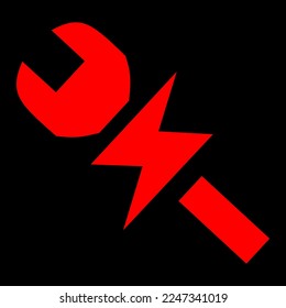 Red vector graphic on a black background of a dashboard warning light for a hybrid service attention. It consists of a spanner with a lightning bolt