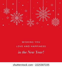 Tarjeta roja vectorial de saludo para Navidad y Año Nuevo. Ilustración plana simple